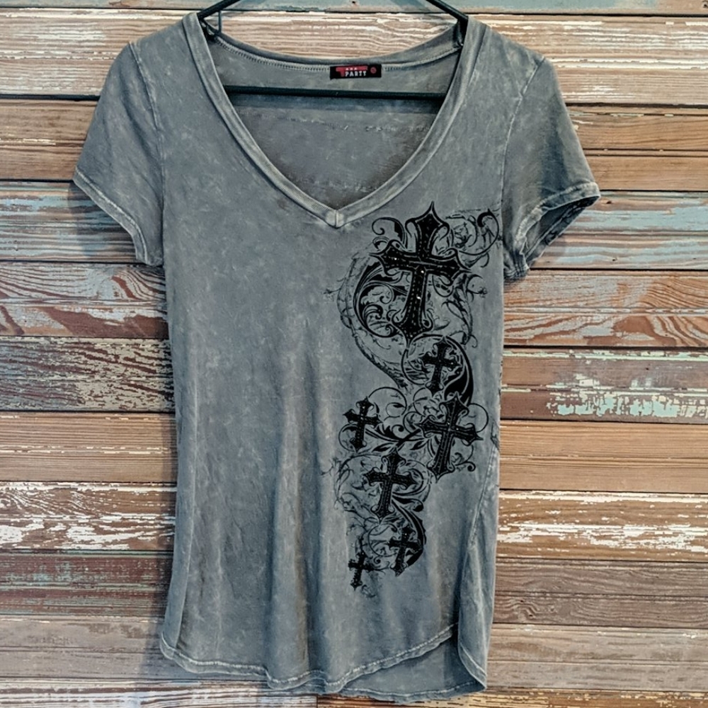 EUC Country Rhinestone Embellished Cross Shirt